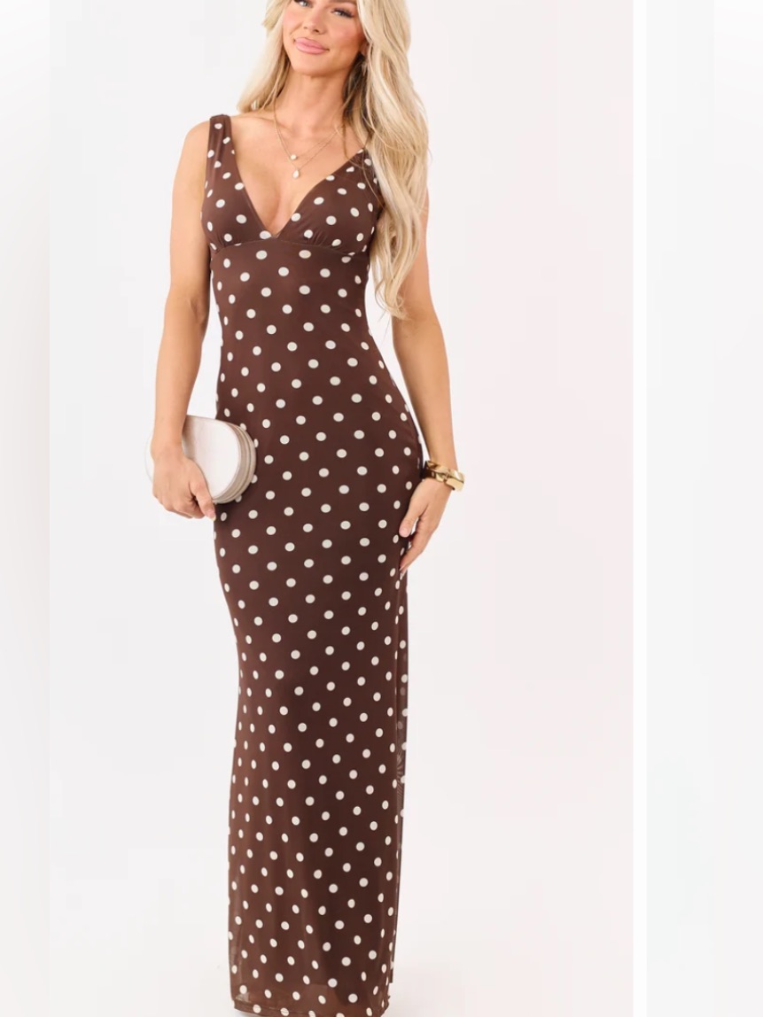 Brown Polka Dot Maxi Dress - Classic V-Neck Slip Dress